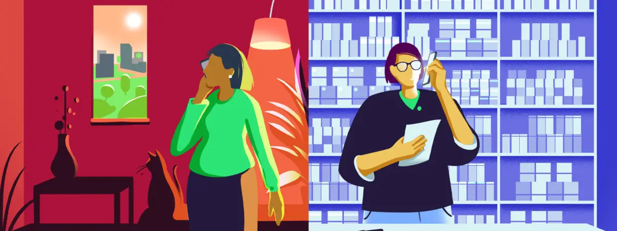 A split screen illustration showing a pharmacist in a dispensary on the phone to someone at home, suggestive of phone-based support