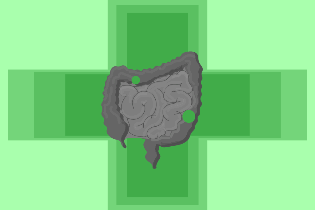 Green background with bowel in the middle of pharmacy cross