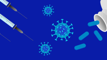 Blue background with PrEP tablets and injections