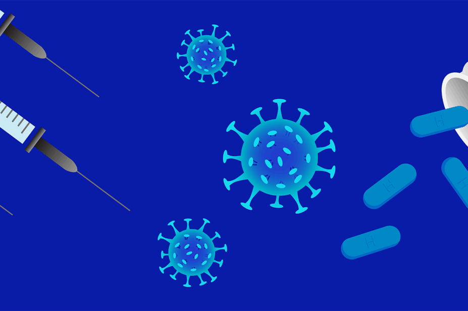 Blue background with PrEP tablets and injections