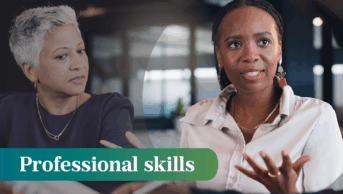 People in a discussion about conflict resolution, with a green banner saying 'professional skills'