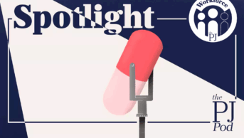 Illustration of a microphone made out of a pill under a spotlight