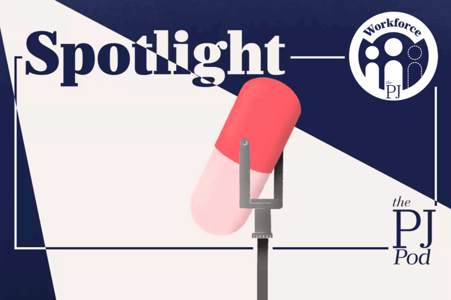 Illustration of a microphone made out of a pill under a spotlight