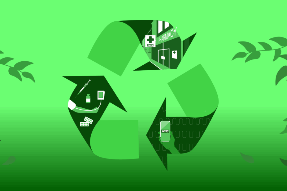 Green background with the 3 recycling arrows, inside one arrow is a local pharmacy, one has a hand holding a phone with analogue to digital waves in the background, and the final has an arm getting blood pressure measured