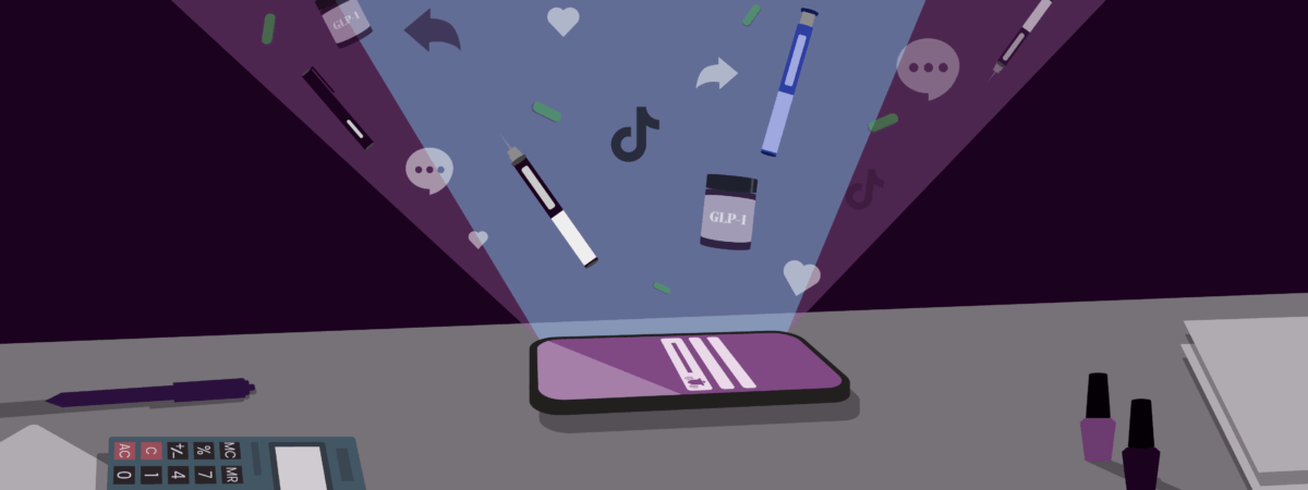 A phone on a desk at night with the screen lit up showing pills and GLP-1 injector pens, TikTok symbols and logo