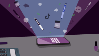 A phone on a desk at night with the screen lit up showing pills and GLP-1 injector pens, TikTok symbols and logo