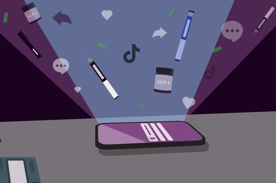 A phone on a desk at night with the screen lit up showing pills and GLP-1 injector pens, TikTok symbols and logo