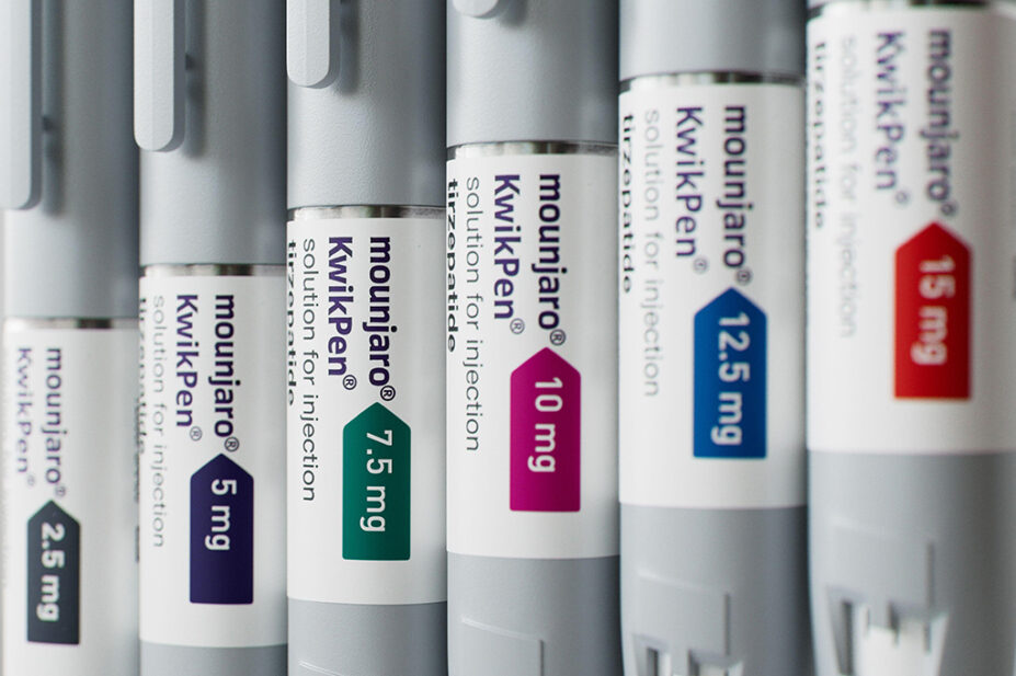 A full set of Mounjaro Kwikpen weight loss injections arranged in ascending dosages