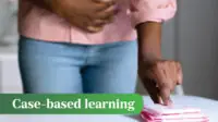 Woman wearing a pink top and jeans reaches out to take a pink sanitary towel with Case based learning writen across the image