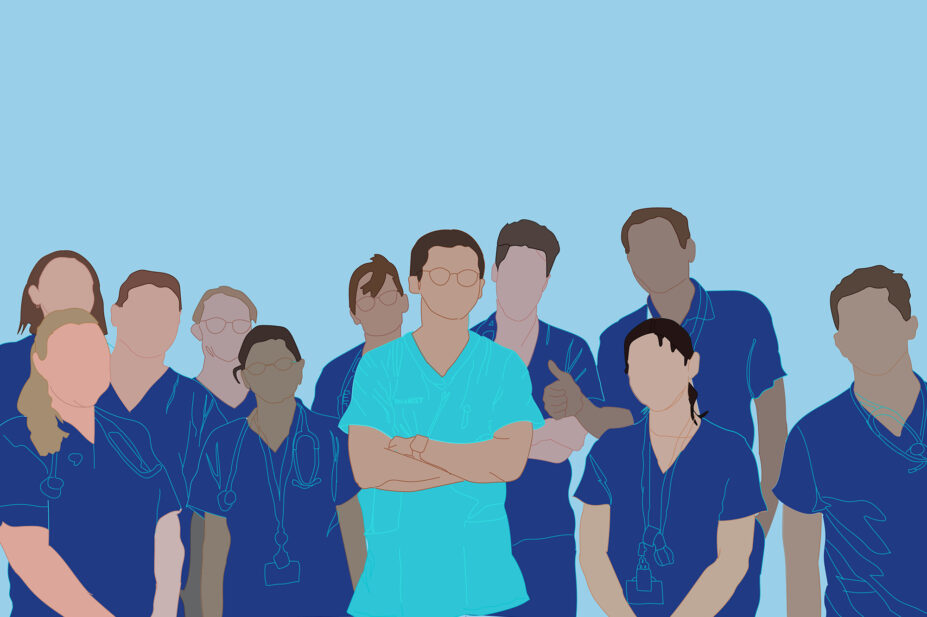 The Swansea Bay cardiology team in a stylised illustration with the pharmacist in the centre