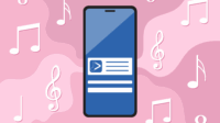Phone showing a blue screen and MedTracks app with a pink background and musical notes around