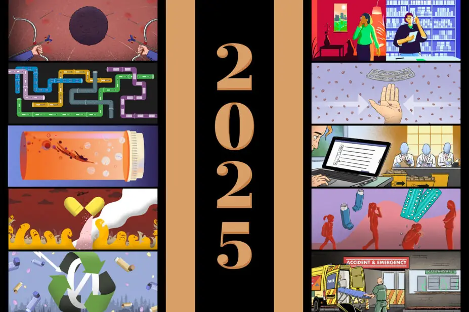 Gold '2025' vertically in the centre of the image, with 10 feature images on either side