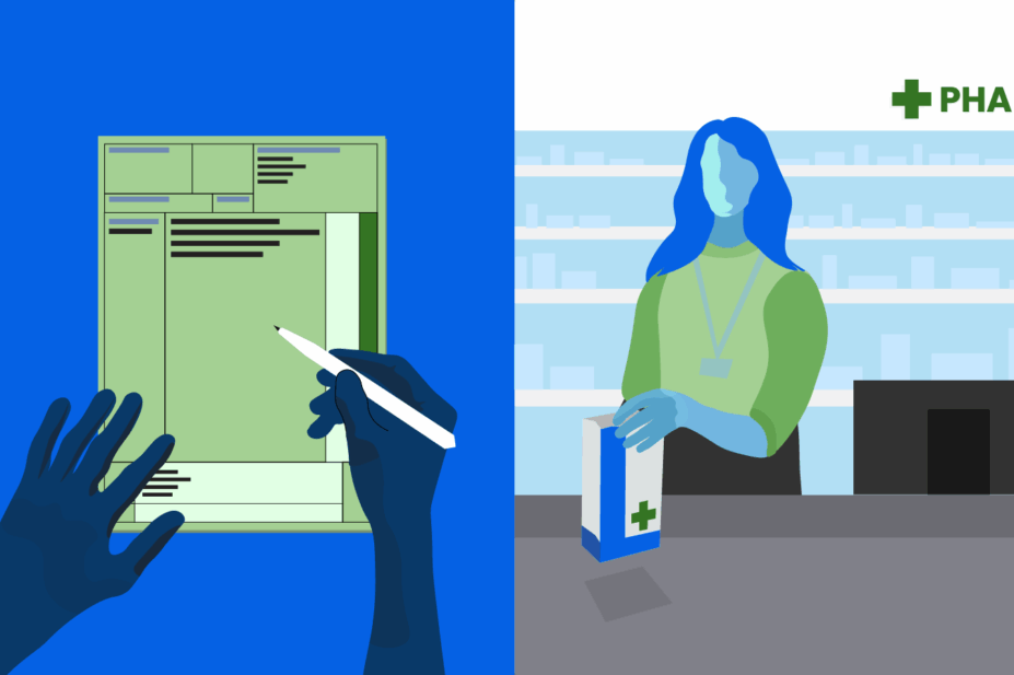 Left side shows blue hands writing a prescription. Right shows a pharmacist handing over a prescription bag