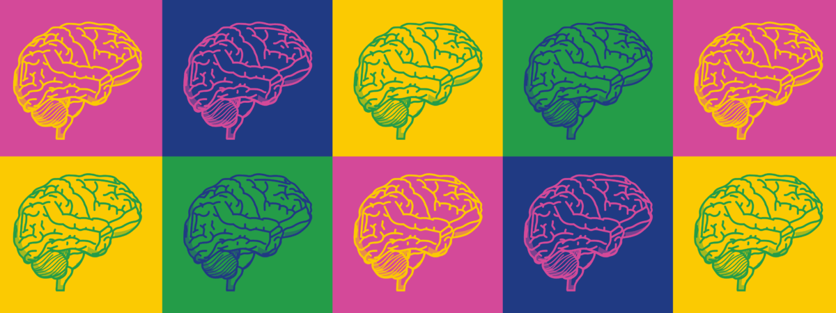 Blocks of colour, pink navy green and yellow with outlines of brains inside