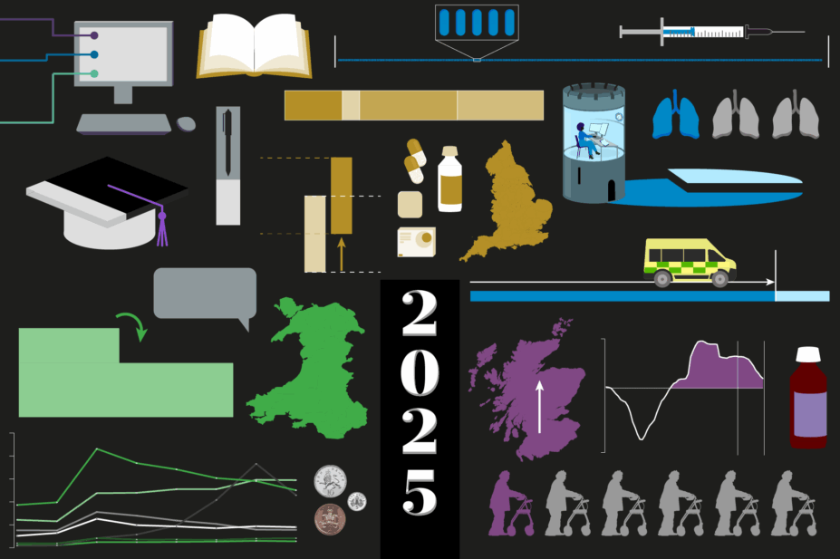 Black background with the collage made out of graphics from the article shown in different colours