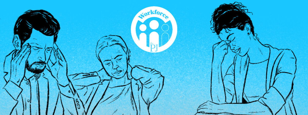 Light blue background with 'workforce' white logo and 3 adults looking tired / stressed