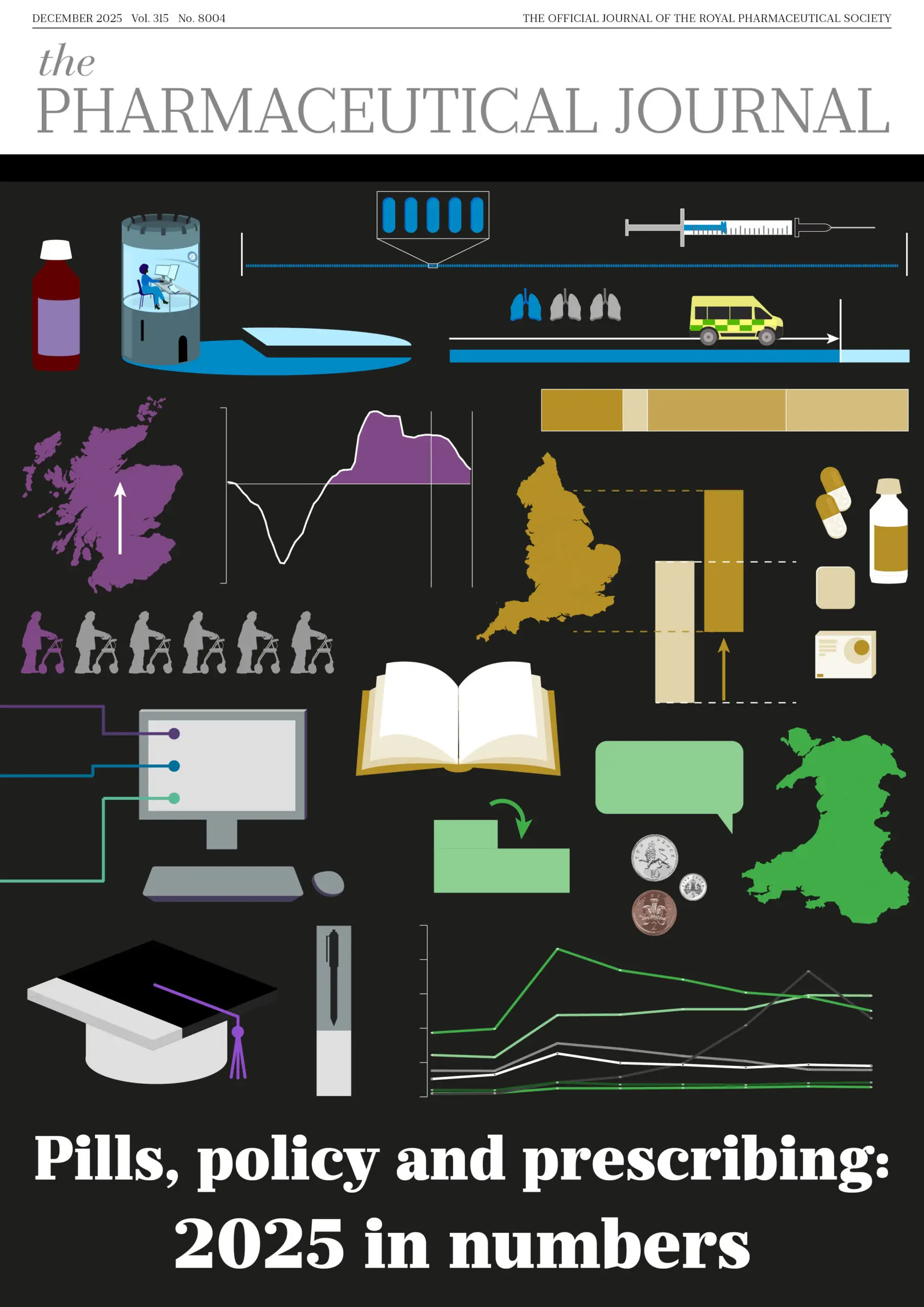 Black background with the collage made out of graphics from the article shown in different colours