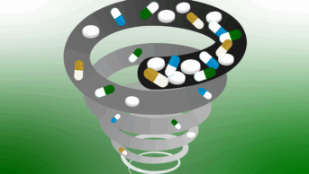 Spiral showing number of pills, tablets and capsules decreasing as spiral descends on green background