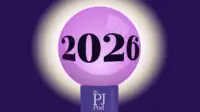 2026 in a purple crystal ball on a PJ pod stand