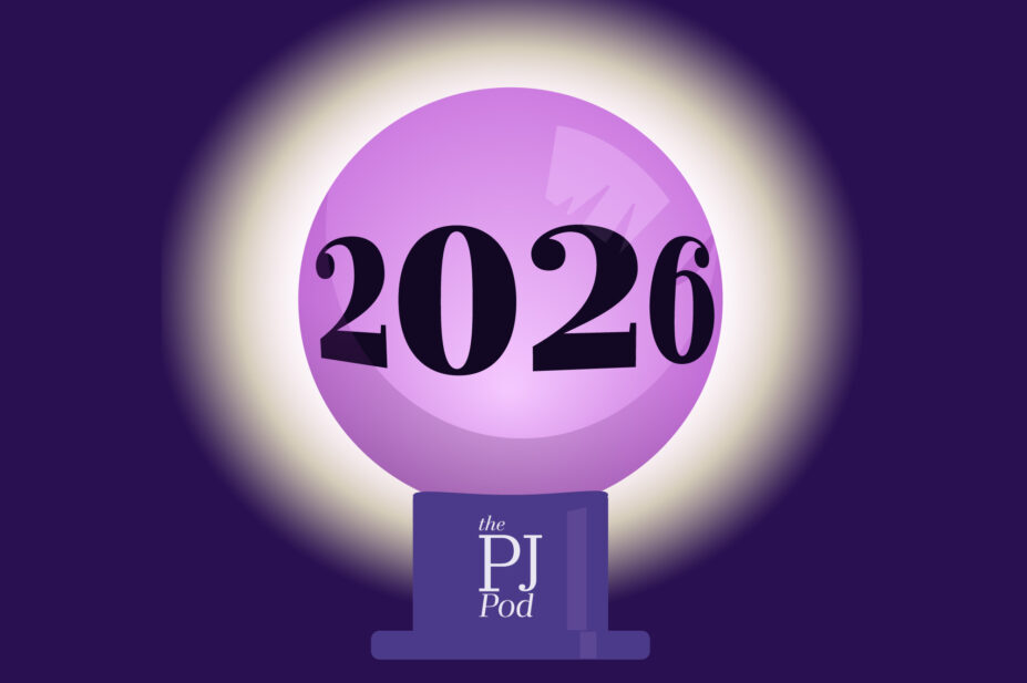 2026 in a purple crystal ball on a PJ pod stand