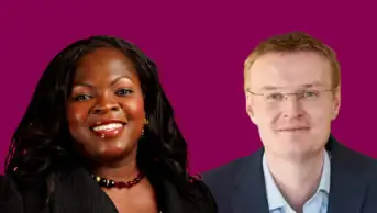 Diane's and James' portraits on a dark pink background