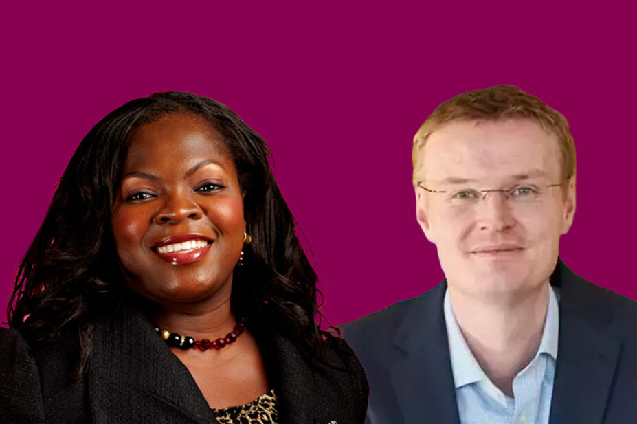 Diane's and James' portraits on a dark pink background