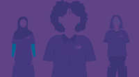 3 Women stand with name badges on a purple background. Only their hair and clothes are visible, they are indicated by negative space