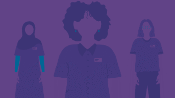 3 Women stand with name badges on a purple background. Only their hair and clothes are visible, they are indicated by negative space