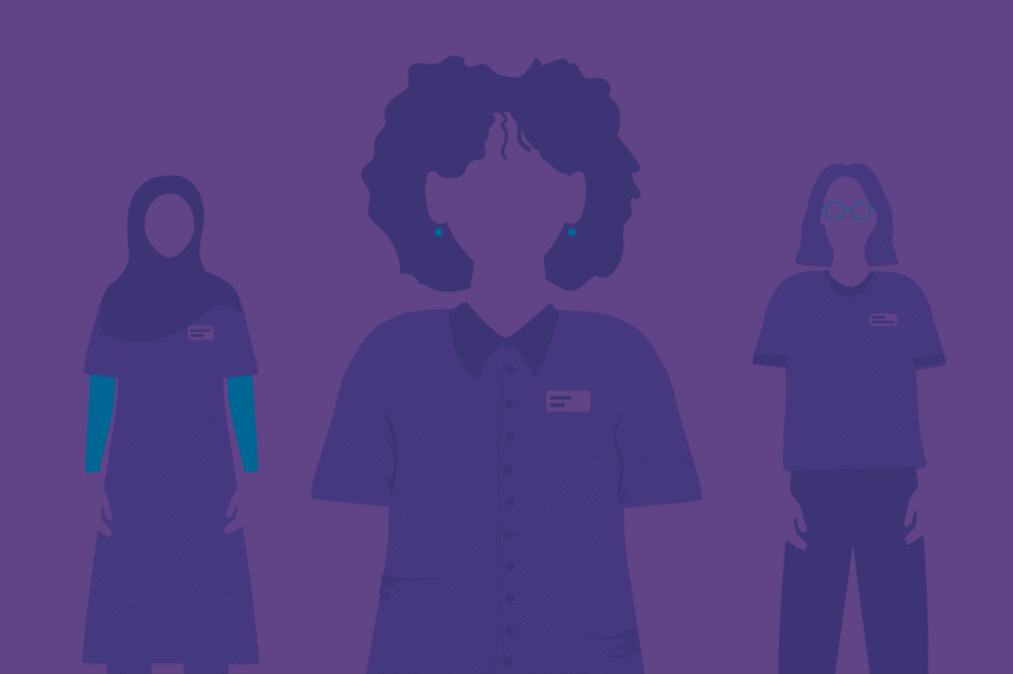 3 Women stand with name badges on a purple background. Only their hair and clothes are visible, they are indicated by negative space