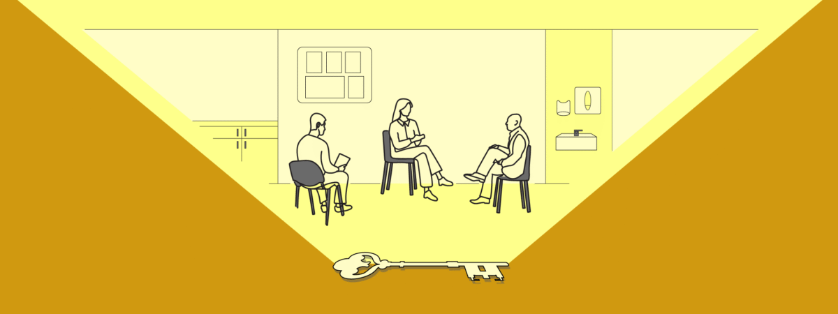 Key illuminating a scene in a consultation room, where a pharmacist is talking to a patient and a preceptor is watching on and listening