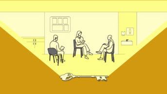 Key illuminating a scene in a consultation room, where a pharmacist is talking to a patient and a preceptor is watching on and listening