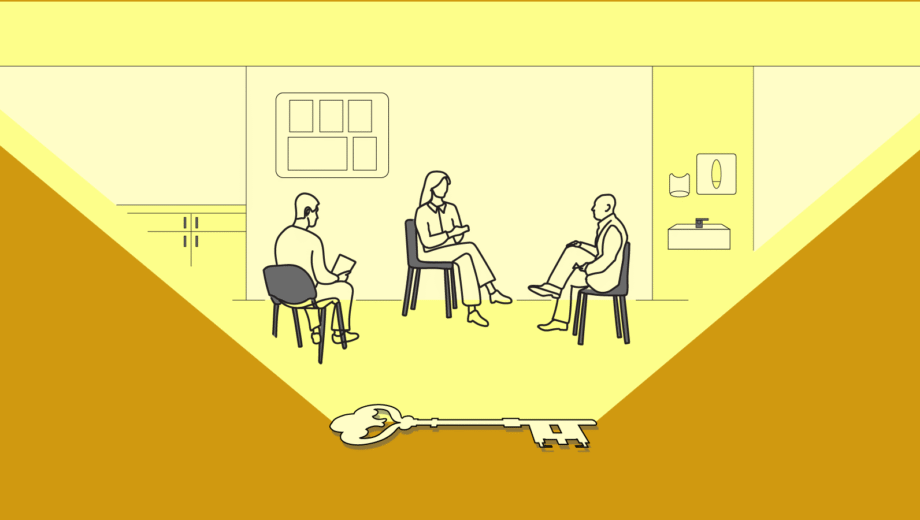 Key illuminating a scene in a consultation room, where a pharmacist is talking to a patient and a preceptor is watching on and listening