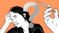 Orange background with a black and white images on top: a woman holding her head and a gloved hand holding a syringe