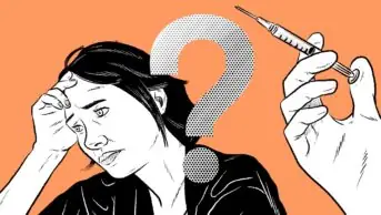 Orange background with a black and white images on top: a woman holding her head and a gloved hand holding a syringe