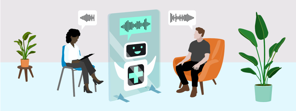 Patient talks to a pharmacist in a consultation room, there is a screen between them showing AI scribe recording everything