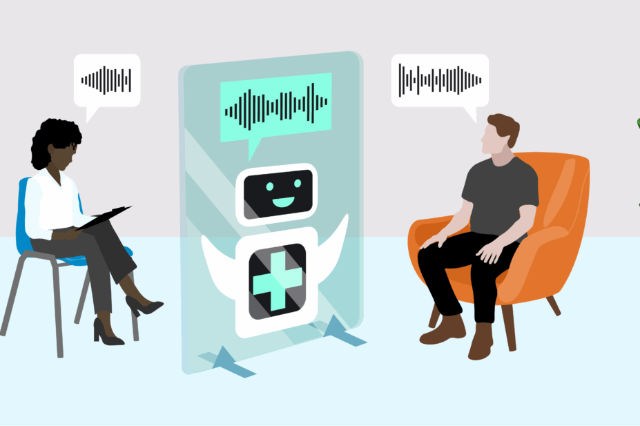 Patient talks to a pharmacist in a consultation room, there is a screen between them showing AI scribe recording everything