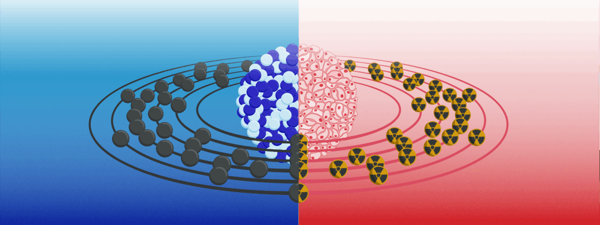 One side of the image is blue, showing the electrons and nucleus of a Lu 177 atom, the other shows a ball of tumour cells with radiopharmaceuticals