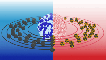 One side of the image is blue, showing the electrons and nucleus of a Lu 177 atom, the other shows a ball of tumour cells with radiopharmaceuticals 