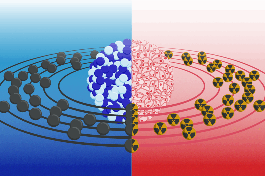 One side of the image is blue, showing the electrons and nucleus of a Lu 177 atom, the other shows a ball of tumour cells with radiopharmaceuticals 