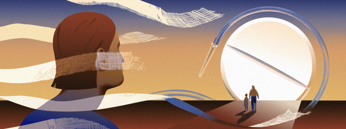 A woman looks out at the horizon with bandages surrounding her. The sun is also a pill and there is a drip around the sun/pill