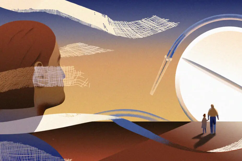 A woman looks out at the horizon with bandages surrounding her. The sun is also a pill and there is a drip around the sun/pill