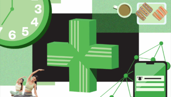 Collage of green pharmacy cross, clock, phone with nodes coming out of it, woman doing yoga, tea and sandwiches