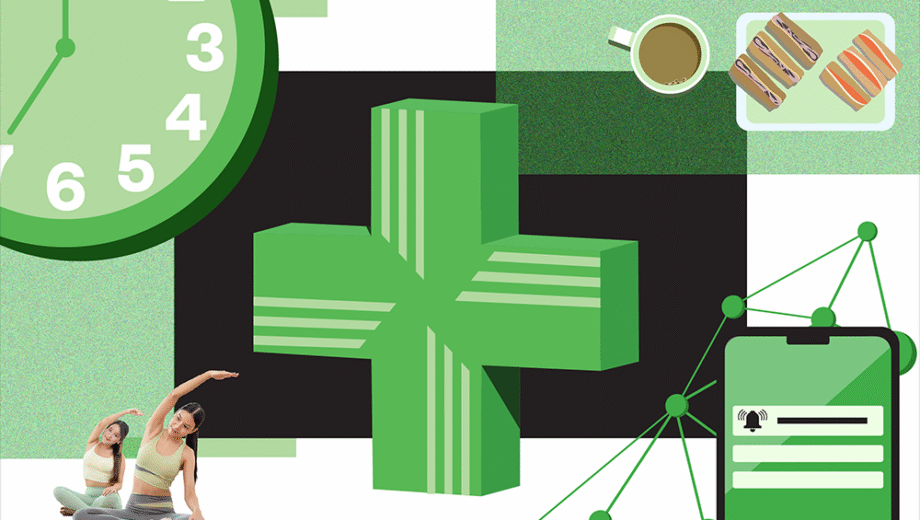 Collage of green pharmacy cross, clock, phone with nodes coming out of it, woman doing yoga, tea and sandwiches