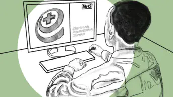 Man at desk looks at computer screen while holding mouse. On screen is NHS prescription service