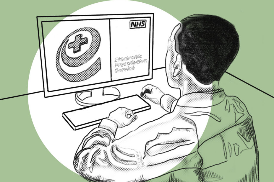 Man at desk looks at computer screen while holding mouse. On screen is NHS prescription service