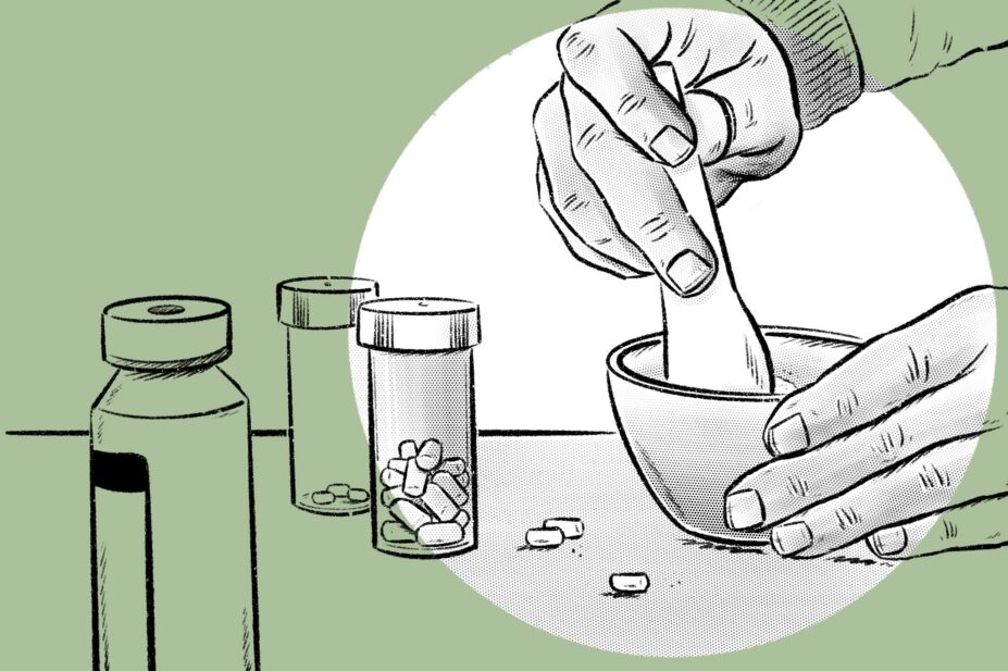 Tablets being crushed in a pestle and mortar