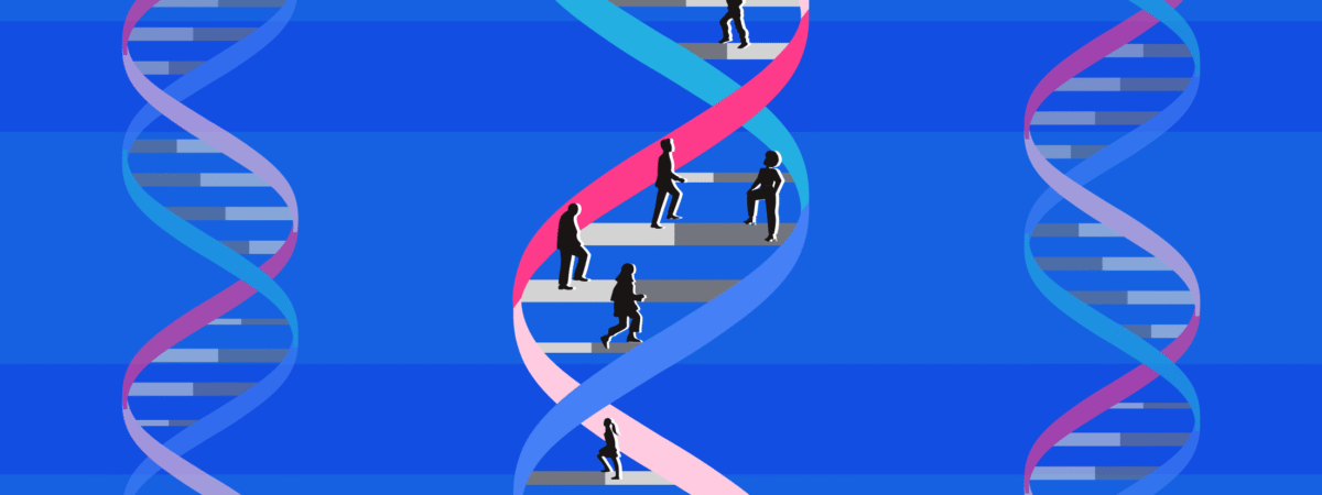 Silhouettes of many people walk up DNA double helix as though it is stairs