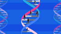 Silhouettes of many people walk up DNA double helix as though it is stairs