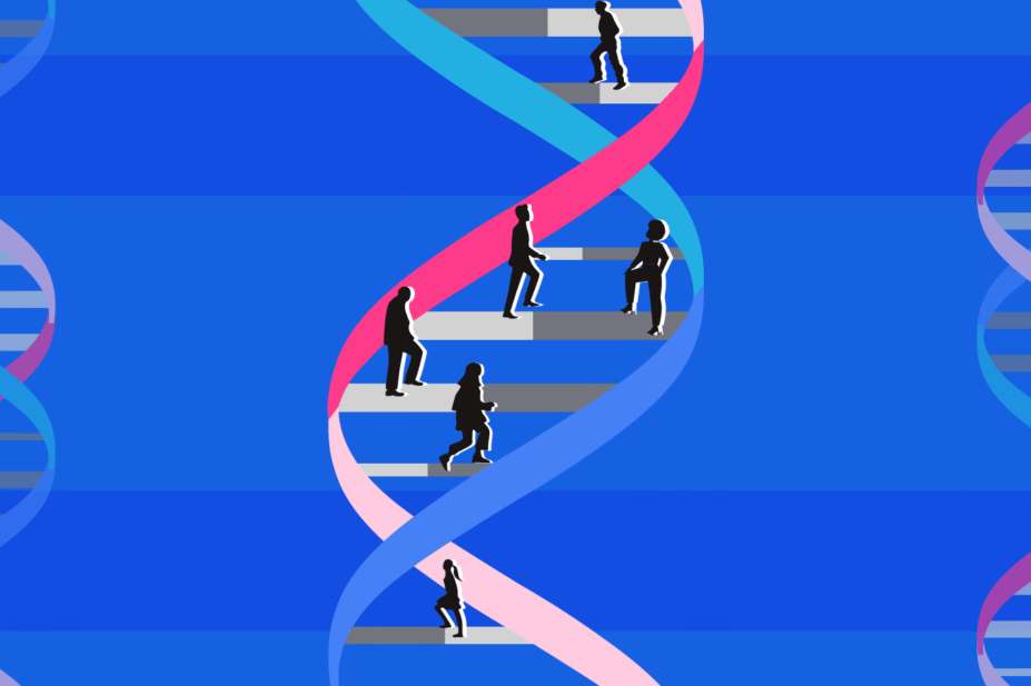 Silhouettes of many people walk up DNA double helix as though it is stairs