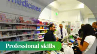 Queue of people at medicines counter at boots the chemist, letter written over the image: Professional Skills